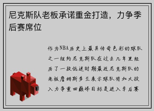 尼克斯队老板承诺重金打造，力争季后赛席位
